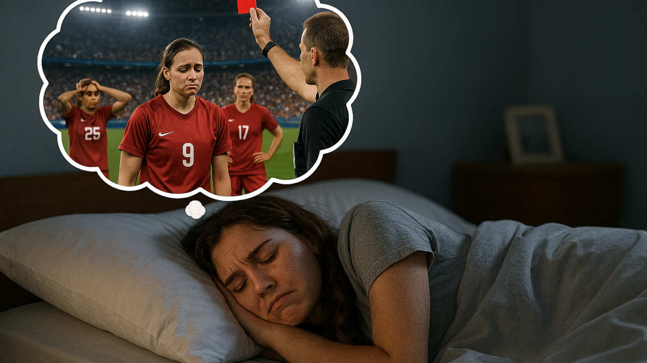 Athlete experiencing recurring stress dreams about a red card during a soccer match representing unresolved stress processed during sleep