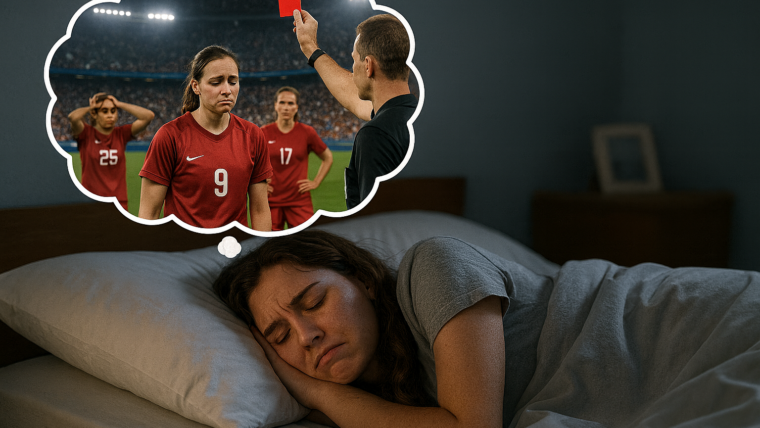 Athlete experiencing recurring stress dreams about a red card during a soccer match representing unresolved stress processed during sleep