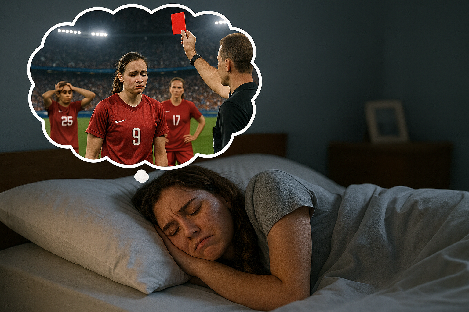 Athlete experiencing recurring stress dreams about a red card during a soccer match representing unresolved stress processed during sleep