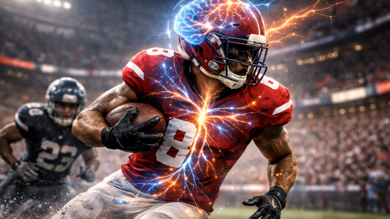 American football player in action with glowing brain and nervous system visualization representing EMDR therapy for elite athletic performance