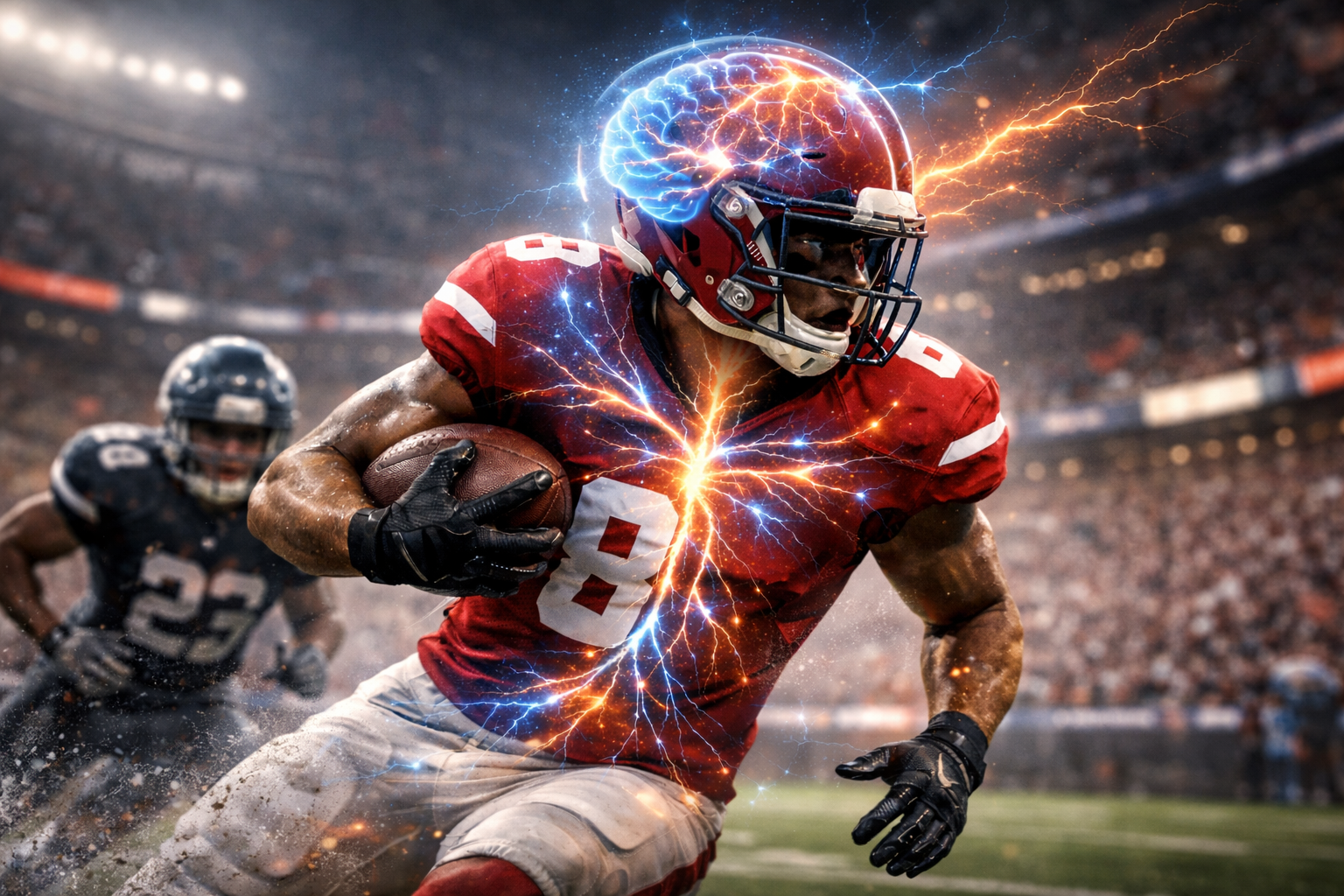 American football player in action with glowing brain and nervous system visualization representing EMDR therapy for elite athletic performance