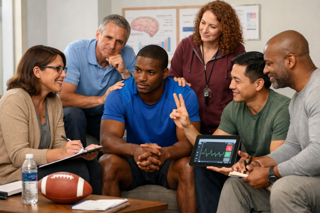 A multidisciplinary team collaborating with an athlete on trauma-informed performance care using EMDR, IFS, and nervous system tools.