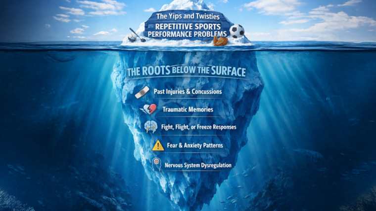 Iceberg infographic explaining EMDR for athletes and roots of the yips and twisties