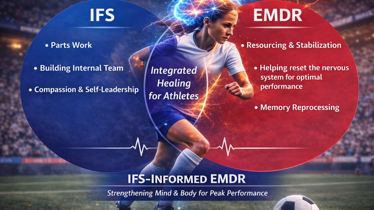 Female soccer player representing IFS-informed EMDR for athletes, illustrating trauma healing, performance enhancement, and nervous system regulation