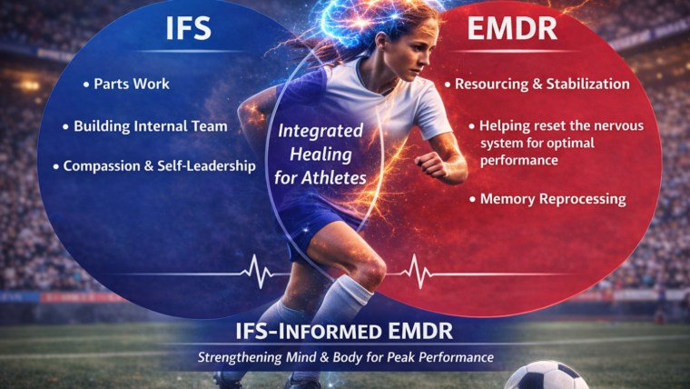 Female soccer player representing IFS-informed EMDR for athletes, illustrating trauma healing, performance enhancement, and nervous system regulation