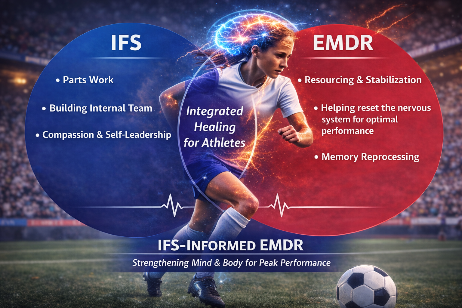 Female soccer player representing IFS-informed EMDR for athletes, illustrating trauma healing, performance enhancement, and nervous system regulation
