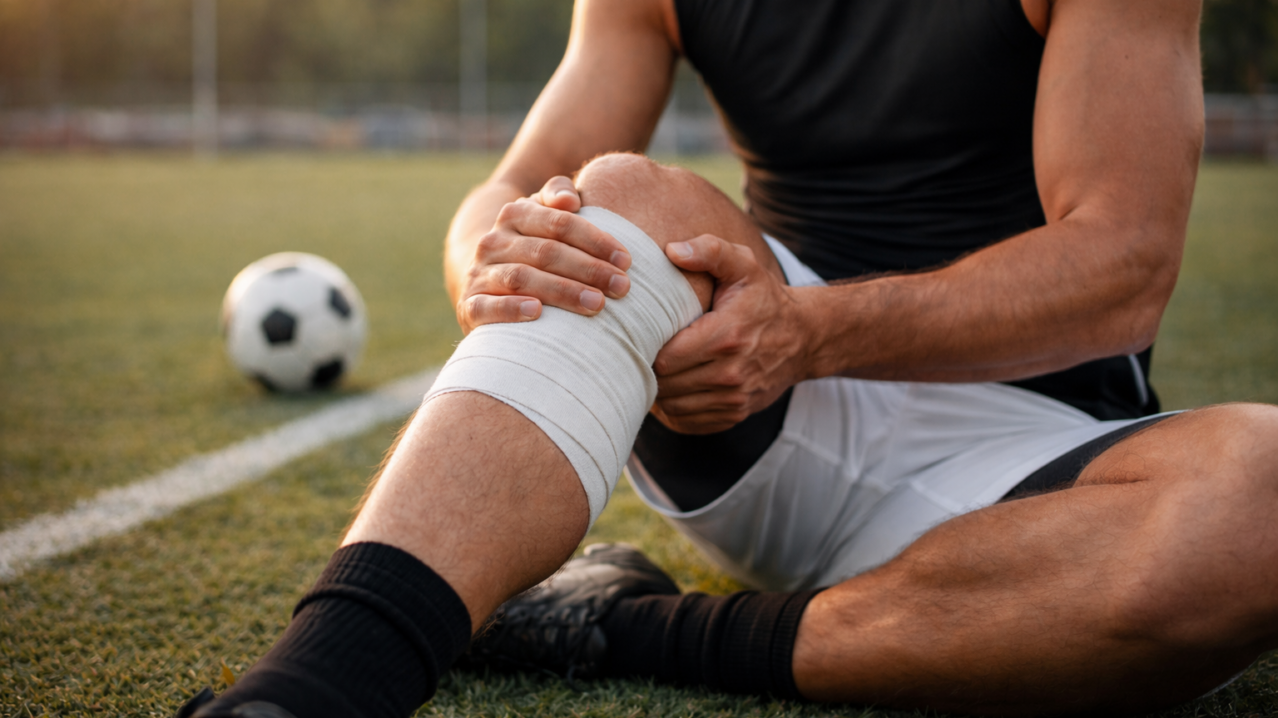 Athlete sitting on a soccer field holding a bandaged knee during injury recovery for athletes, highlighting nervous system regulation and return to sport.