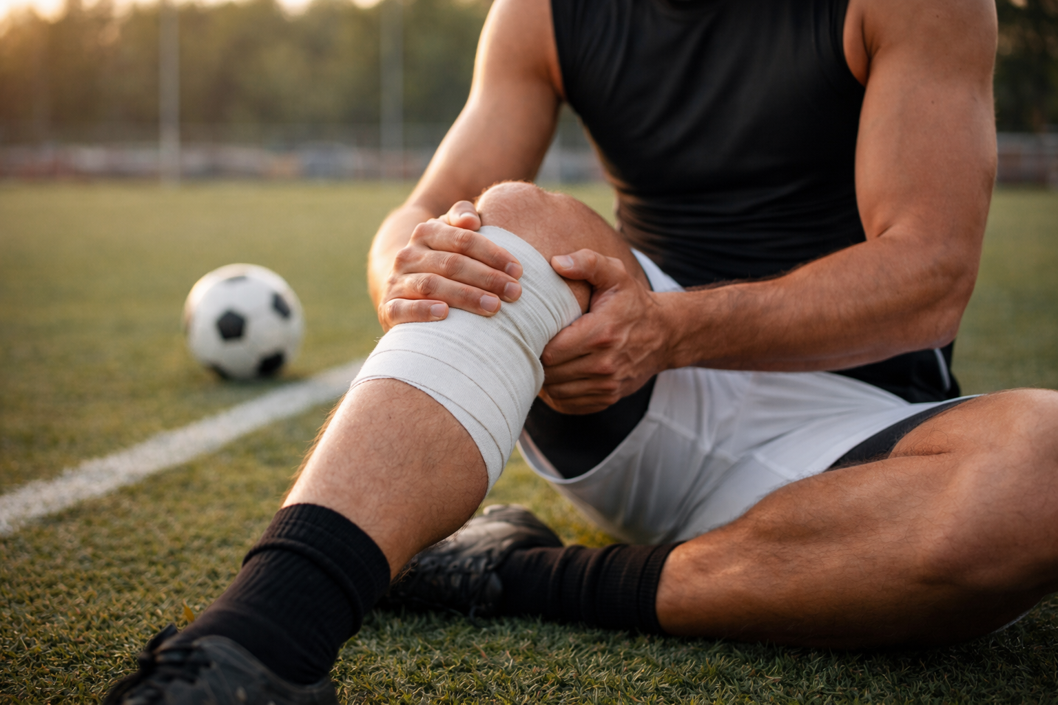 Athlete sitting on a soccer field holding a bandaged knee during injury recovery for athletes, highlighting nervous system regulation and return to sport.