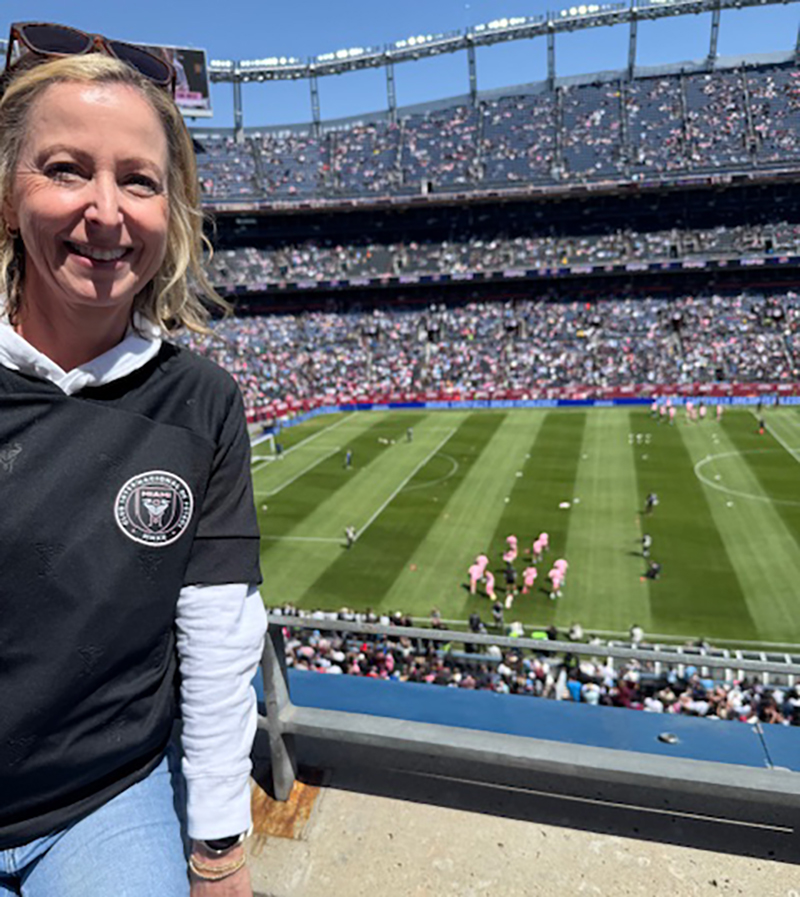 author wearing Messi Inter Miami shirt in stadium representing EMDR resource memory and emotional connection in athletes