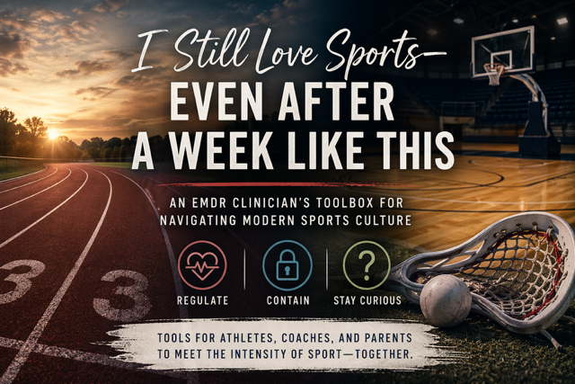 Athletic field and indoor court representing emotional intensity in sports with EMDR tools regulate contain stay curious