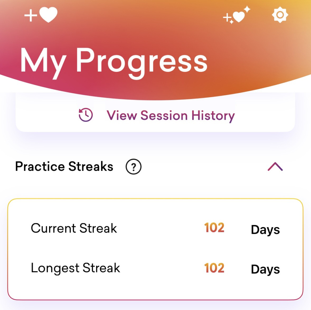 HeartMath app showing 102 day practice streak for heart rate variability training and emotional regulation progress