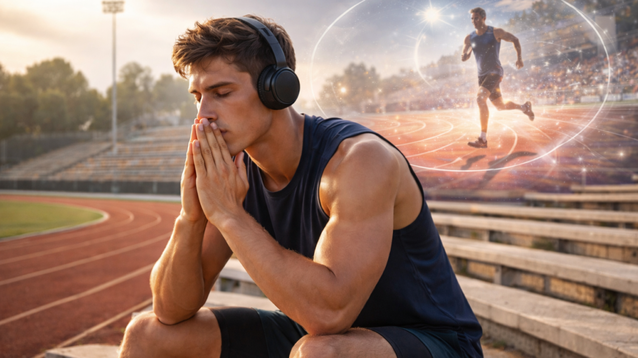 Male runner sitting on track visualizing performance, representing state-dependent learning and EMDR for athletes under pressure