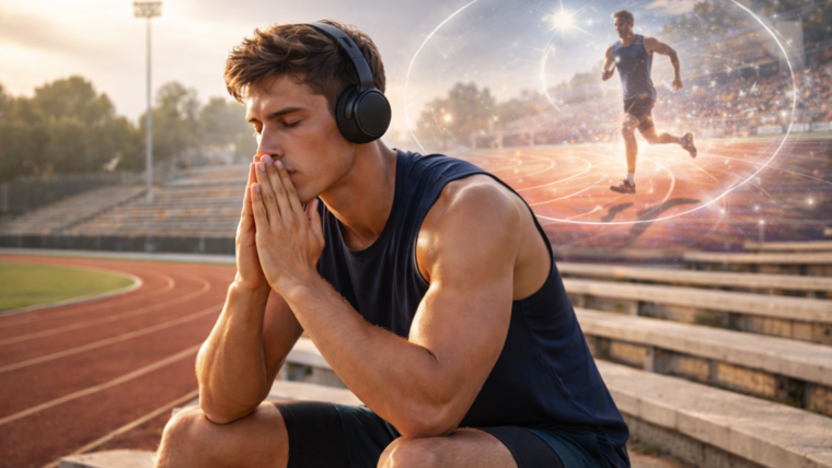 Male runner sitting on track visualizing performance, representing state-dependent learning and EMDR for athletes under pressure