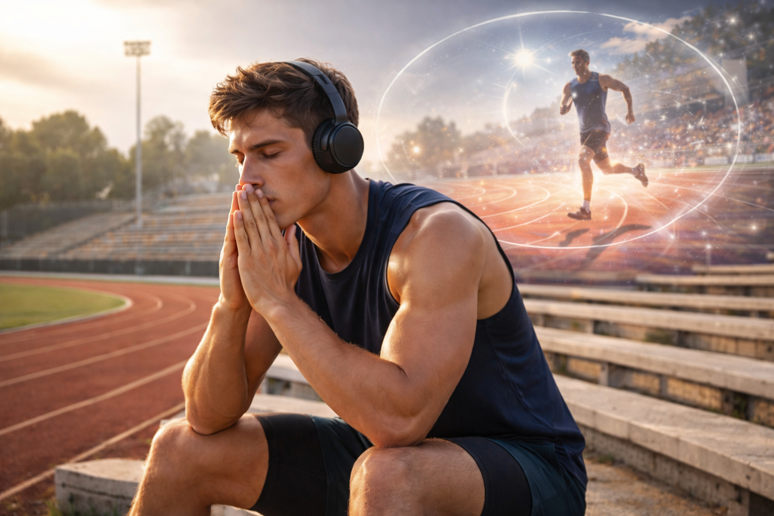 Male runner sitting on track visualizing performance, representing state-dependent learning and EMDR for athletes under pressure