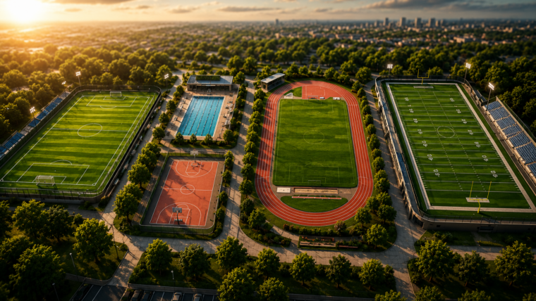3D aerial sports complex with soccer field football stadium running track basketball court and swimming pool representing EMDR intensive therapy for athletes