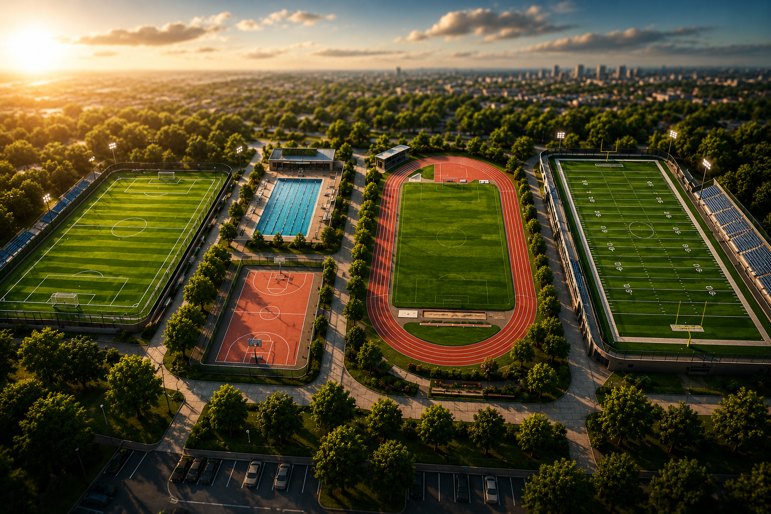 3D aerial sports complex with soccer field football stadium running track basketball court and swimming pool representing EMDR intensive therapy for athletes