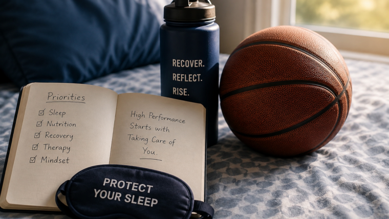 Athlete recovery setup with basketball, sleep mask, and journal representing EMDR intensives for athlete performance blocks and mental recovery