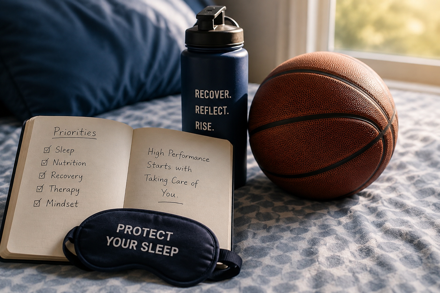 Athlete recovery setup with basketball, sleep mask, and journal representing EMDR intensives for athlete performance blocks and mental recovery