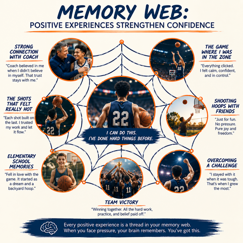 Illustration showing how positive athlete memory networks connect experiences such as coaching, victories, resilience, and confidence to strengthen performance under pressure.