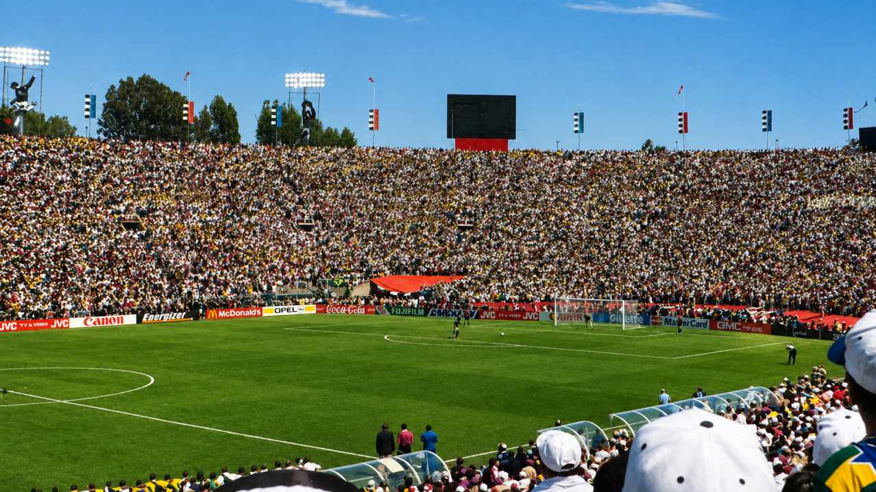 A packed stadium during the 1994 FIFA World Cup Final as players prepare for a decisive penalty kick, illustrating athlete nervous system regulation under extreme competitive pressure.