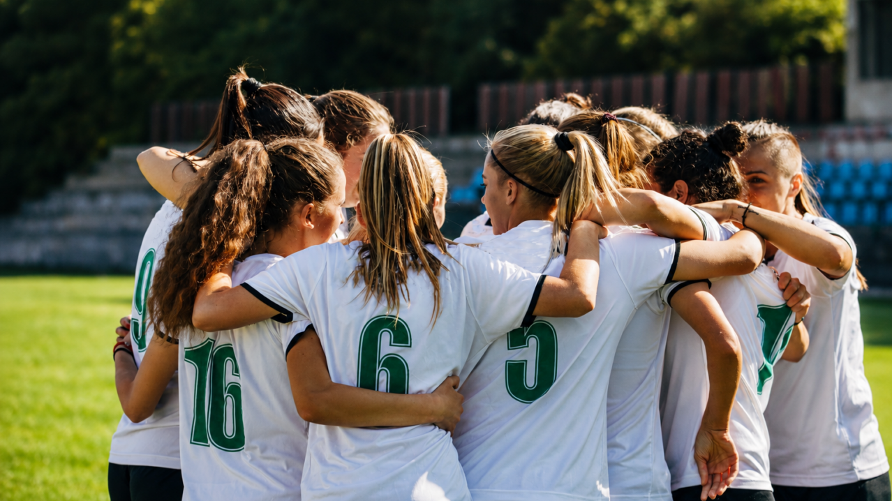 Women's soccer team huddling together before competition, representing brain integration for athletes and peak performance.