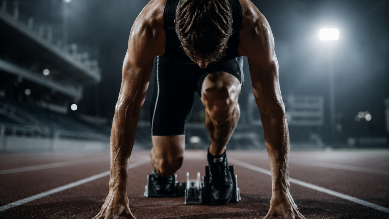 A cinematic athlete pauses in the starting blocks as stress interrupts procedural memory in sports, illustrating the split second when automatic performance gives way to conscious control.