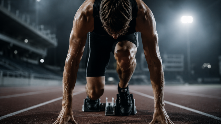 A cinematic athlete pauses in the starting blocks as stress interrupts procedural memory in sports, illustrating the split second when automatic performance gives way to conscious control.
