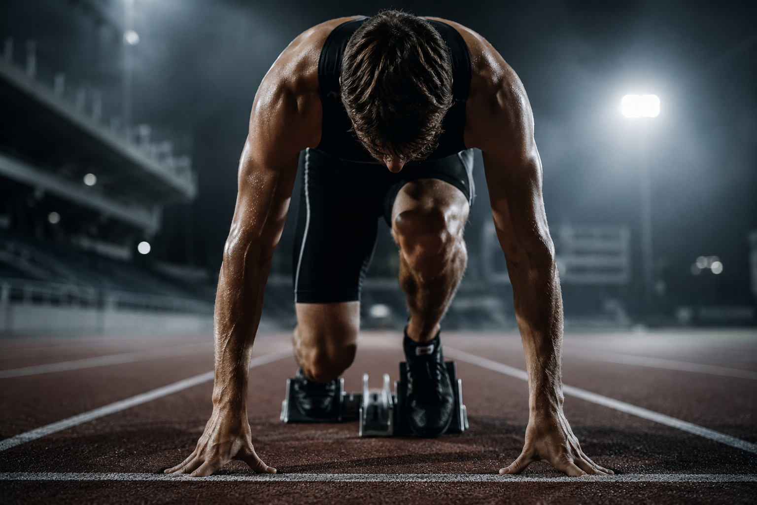 A cinematic athlete pauses in the starting blocks as stress interrupts procedural memory in sports, illustrating the split second when automatic performance gives way to conscious control.