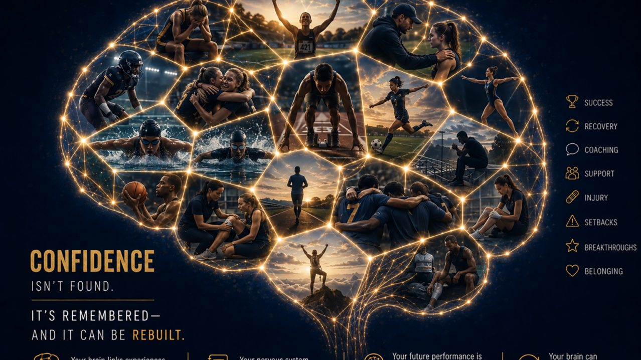 Athlete confidence memory networks illustrated through connected experiences of success, recovery, coaching, injury, support, and belonging.