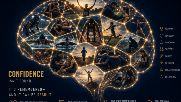 Athlete confidence memory networks illustrated through connected experiences of success, recovery, coaching, injury, support, and belonging.