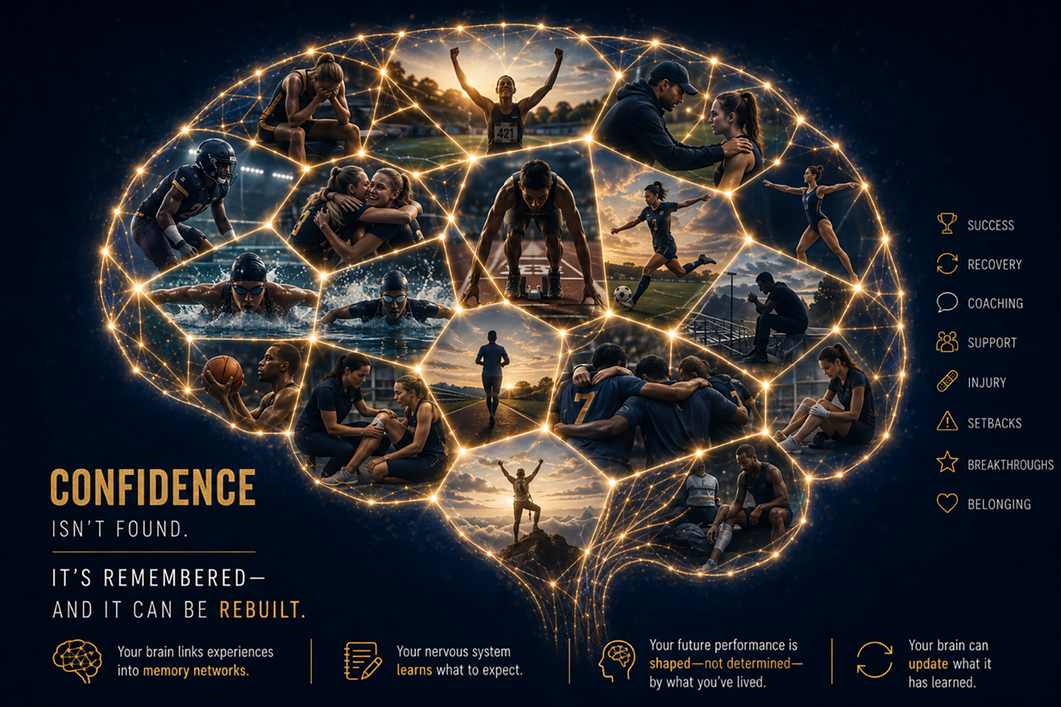 Athlete confidence memory networks illustrated through connected experiences of success, recovery, coaching, injury, support, and belonging.